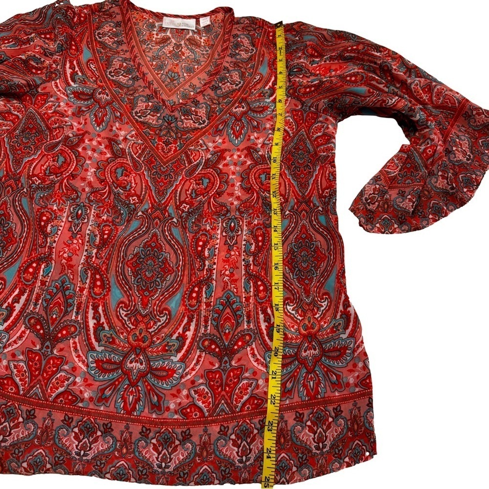 Belle by Kim Gravel Size XXS Paisley Print Bell Sleeve Blouse Top Side Slit NEW - Picture 12 of 15